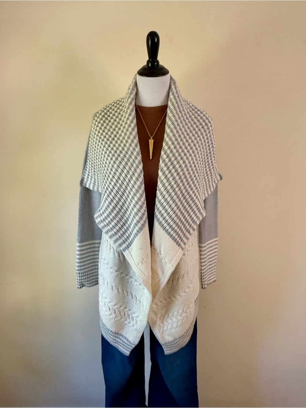 GAP Cream and Light Gray Open-Front Draped Cardigan
